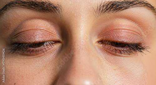 Closed eyes of a young woman showing signs of winter fatigue  