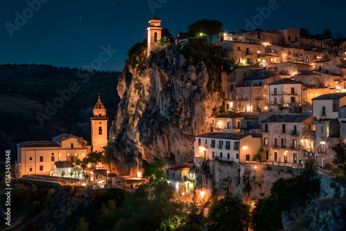 a town on a hill with a steeple at night