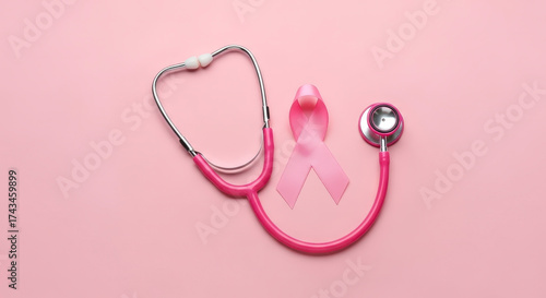 Pink ribbon and stethoscope symbolizing breast cancer awareness and medical care