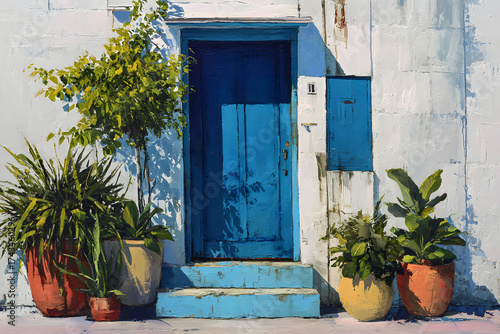 a painting of a blue door and some potted plants
