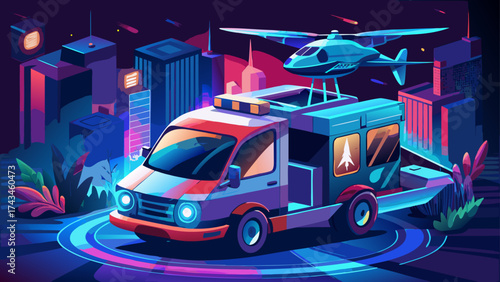 Futuristic delivery drone-car hybrid, equipped with glowing wings and transparent cockpit, vector artwork representing innovation, automation, and the evolution of modern logistics.