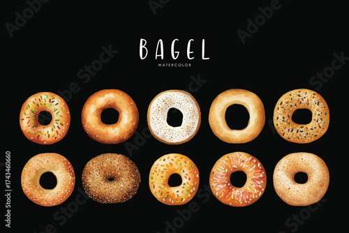Bagel Set Watercolor Bakery Illustration Hand Painted Breakfast Clipart on black isolated background