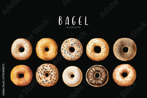 Bagel Set Watercolor Bakery Illustration Hand Painted Breakfast Clipart on black isolated background
