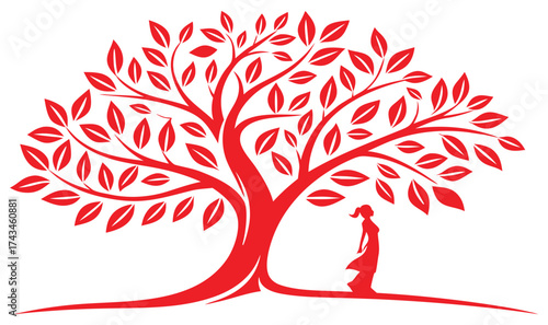 Red Silhouette Tree with Woman – Artistic Nature Illustration Symbolizing Growth and Serenity