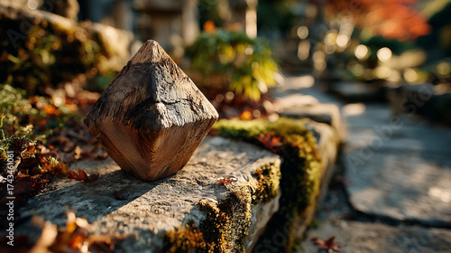 Rustic Wooden Art Object on Stone Path with Autumn Leaves