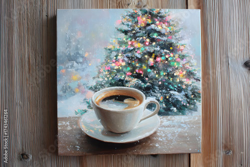 a painting of a cup of coffee on a table