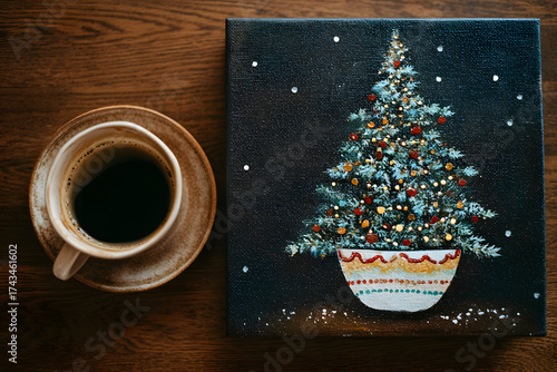 a painting of a christmas tree and a cup of coffee