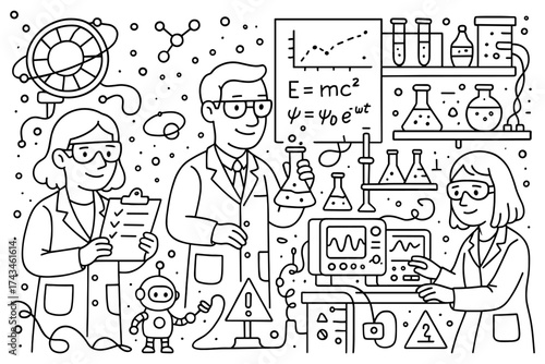 Science lab coloring page, laboratory team, chemical flasks, physics formula, oscilloscope screen, robot model