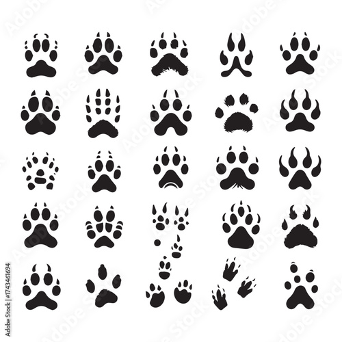 Collection of 25 black silhouette icons of animal paw prints and tracks on a white background