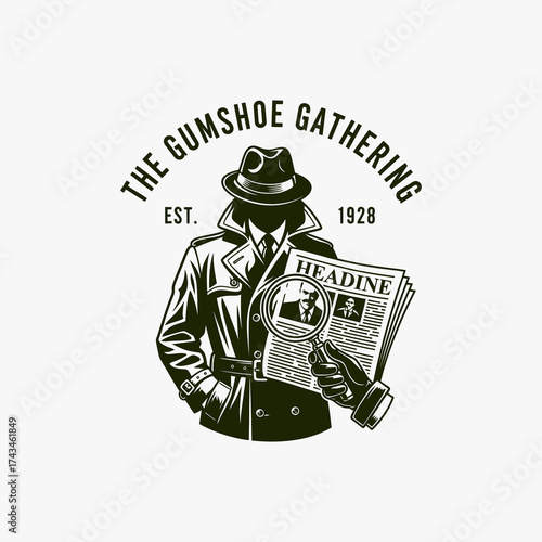 Vintage noir detective illustration with magnifying glass and newspaper.