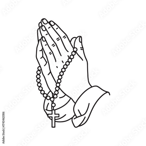 Praying hands holding rosary, religious Christian prayer symbol, line art vector illustration.
