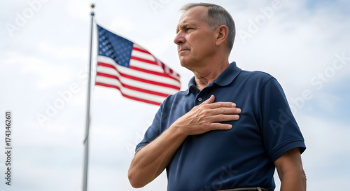 An American man pledges allegiance with hand over heart before the flag against a cloudy sky in