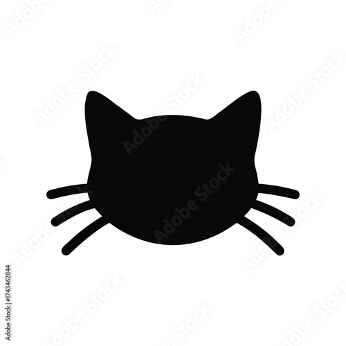 Simple black cat silhouette with whiskers and pointy ears on white background