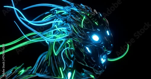 Futuristic alien creature with glowing blue and green tentacles.
