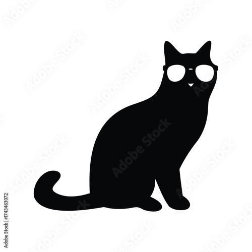 A sophisticated black cat wearing round glasses sitting and looking forward