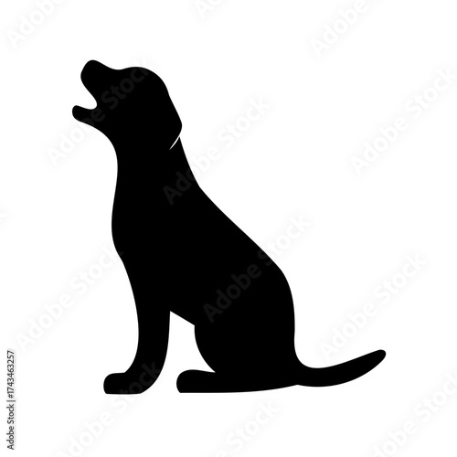 Black silhouette of a dog barking while seated on white background