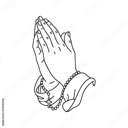 Praying hands holding rosary, religious Christian prayer symbol, line art vector illustration.
