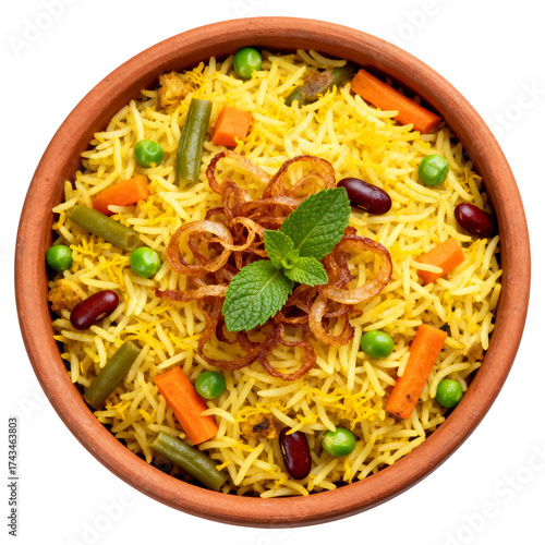 Traditional Indian Vegetable Biryani or Pulao served in a clay pot with fresh mint