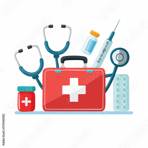 first aid kit supplies on a white background