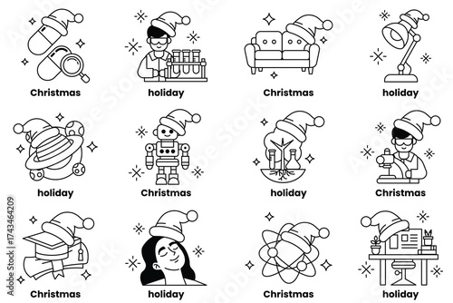 A set of 12 holiday themed images, including a man in a lab coat, a robot