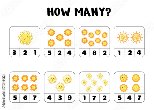 Educational counting worksheet featuring cheerful sun illustrations and number options for preschool and kindergarten math practice