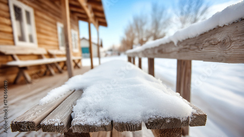 Wallpaper Mural Serene winter scene with snow-covered wooden bench outside rustic cabin inviting tranquility and quiet contemplation Torontodigital.ca
