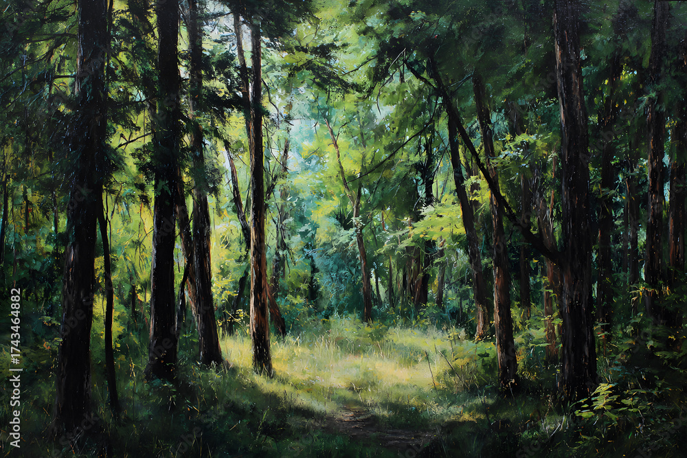 Obraz premium a painting of a forest with a path through it