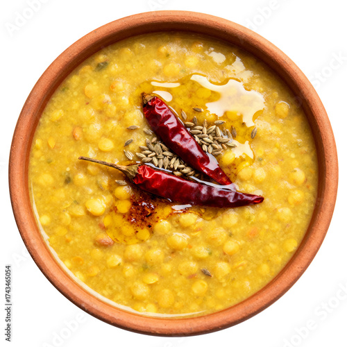 Gourmet Dal Tadka, an Authentic Indian Lentil Curry, in a Rustic Earthen Bowl