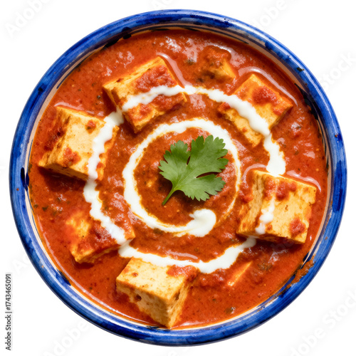 Minimalist Flat Lay of Authentic Indian Paneer Makhani in a Ceramic Bowl