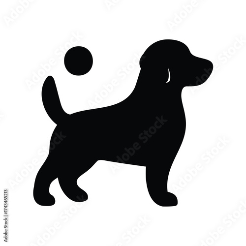 A black silhouette of a dog standing with a ball floating nearby