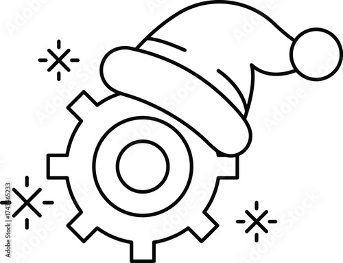 A black and white drawing of a gear with a Santa hat on top