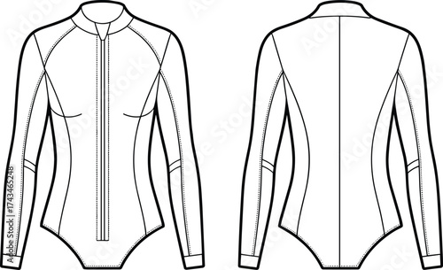 Women long sleeve bodysuit technical fashion flat sketch front and back view with zipper closure and panel seam details vector illustration