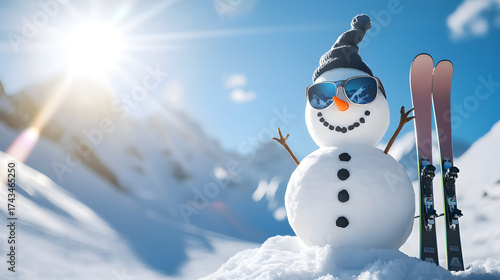 Fototapeta Naklejka Na Ścianę i Meble -  A funny snowman in sunglasses stands next to his skis on a snowy mountain under a bright blue sky, with snow-capped peaks in the background—a cheerful winter sports scene for banners
