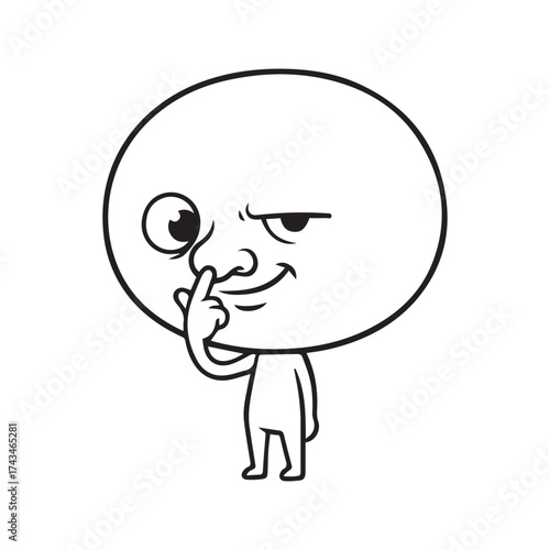 Funny cartoon meme character picking nose, simple black and white line art doodle.
