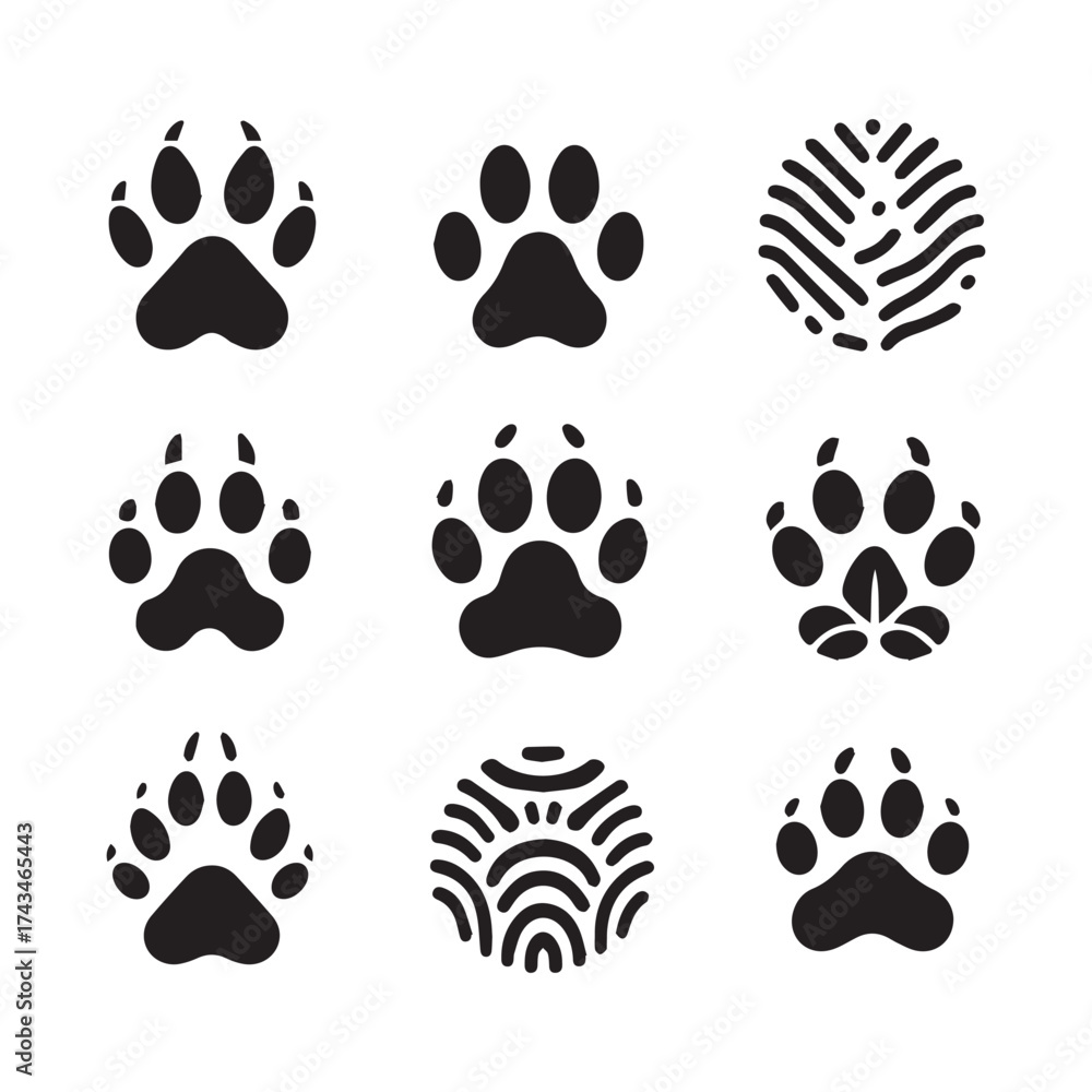 Fototapeta premium Collection of nine black animal paw prints and abstract circular graphic elements on a white background