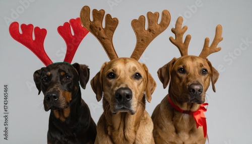 three dogs pet celebrating christmas wearing a reindeer antlers diadem, santa hat and red ribbon