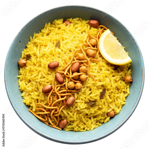 Top-Down Flat Lay of Indian Poha Breakfast Dish with Peanuts and Lemon