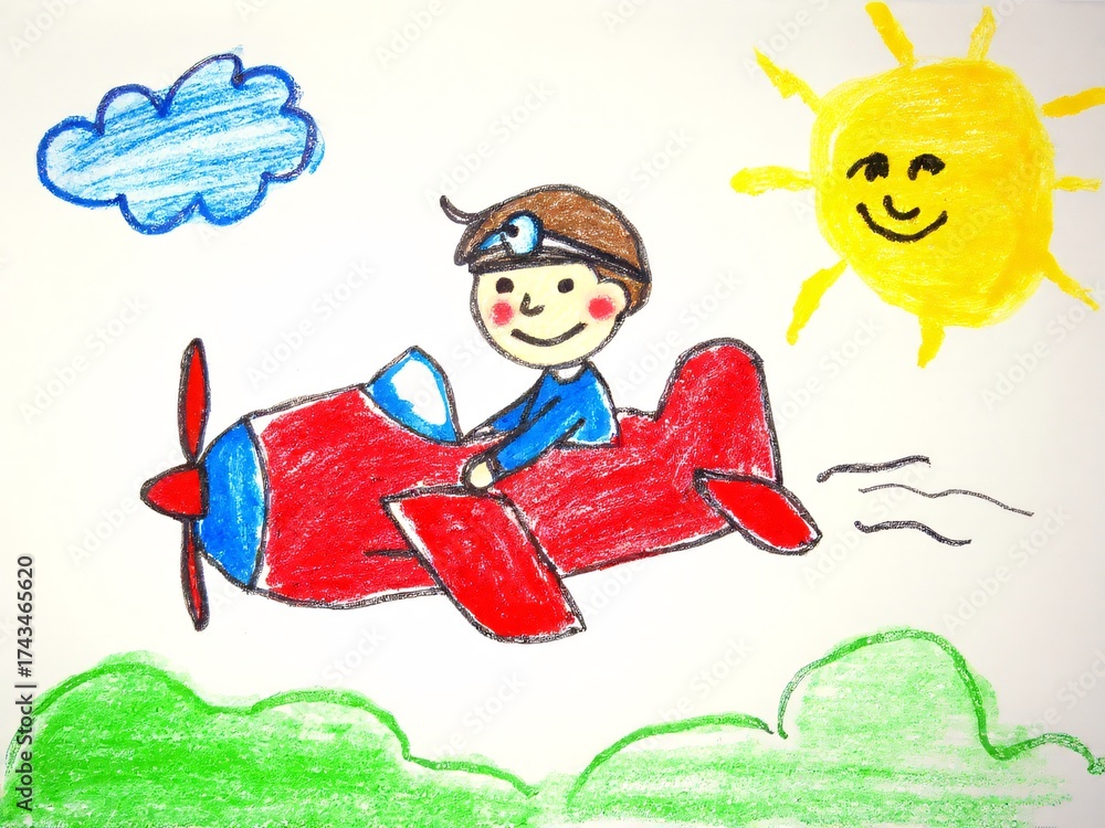 Naklejka premium A boy flying plane under sunny sky.