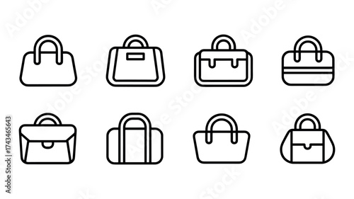 Eight outline icons of various handbag and briefcase styles