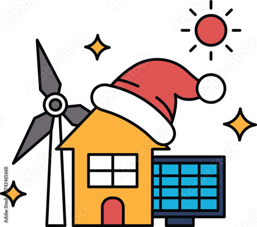 A windmill is next to a house with a hat on top of it