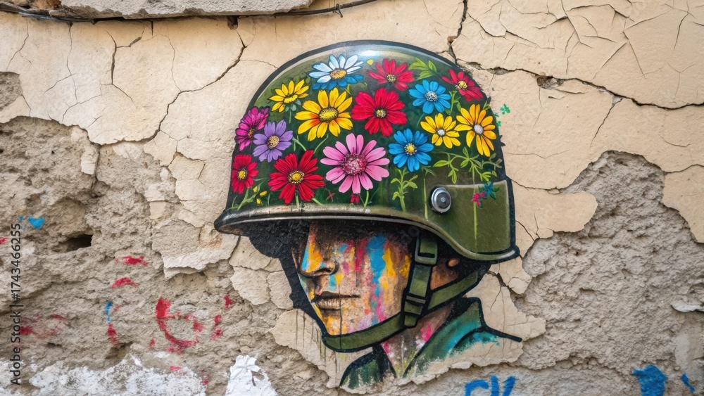Naklejka premium anti war graffiti A vibrant mural of a soldier's helmet adorned with colorful flowers on a cracked wall.