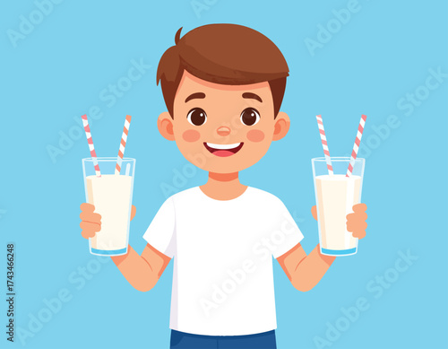 Smiling boy holding two glasses of milk with striped straws against a light blue background.