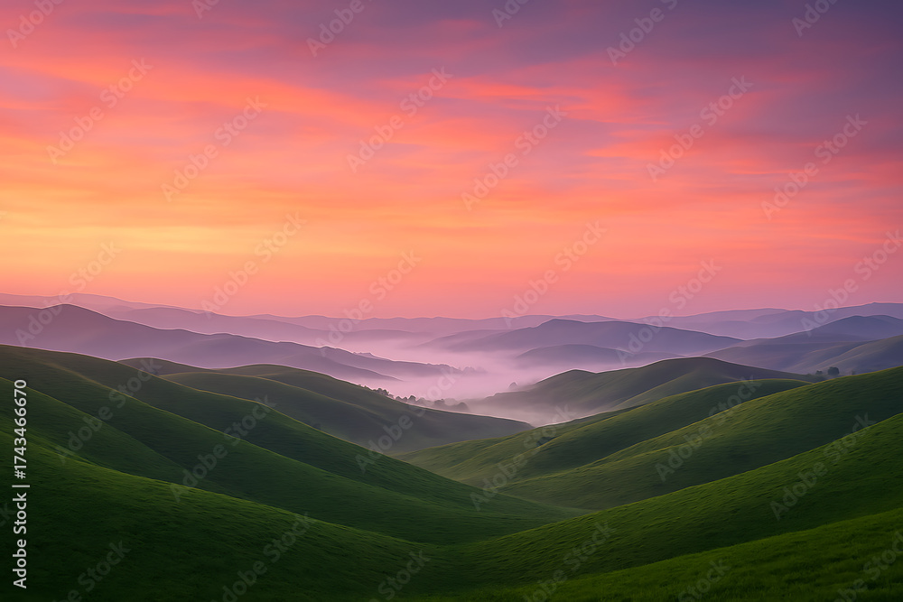 Obraz premium Beautiful landscape photography of green hills and mountains with pink sunset scenic view nature wallpaper