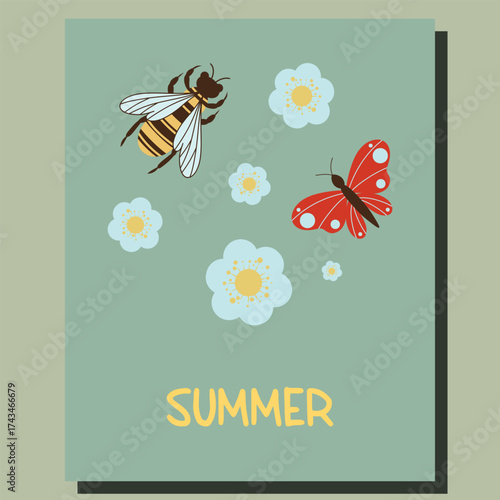 Summer Greeting Card, Bee and Butterfly Floral Poster, Summer Nature Brochure