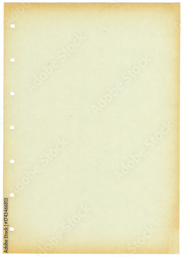 A4 Blatt blanko mit Textfreiraum und 7 Löchern / 7-fach Lochung und vergilbtem Rand als Textur oder Hintergrund für Collagen