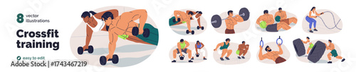 Crossfit training workout set. People performing cross fit, physical exercises in gym. Functional sports activity with rope, tire, dumbbell. Flat vector illustrations isolated on white background