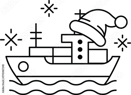 A boat with a Santa hat on top of it