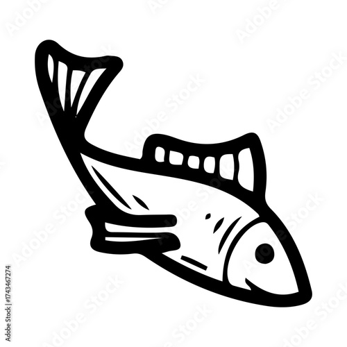 Fish aquatic animal. Hand drawn doodle vector. Underwater wild life. Marine nature. Fishing in lake, river. Salmon, trout, carp, perch, ruff. Fins, scales. Illustration line art.