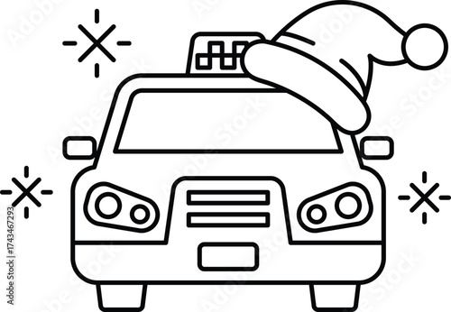 A black and white drawing of a taxi cab with a Santa hat on top