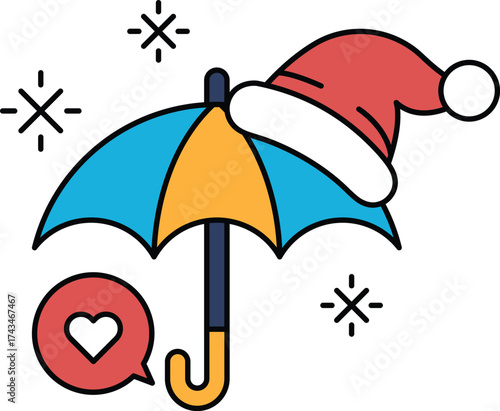 A black and white drawing of an umbrella with a hat on top